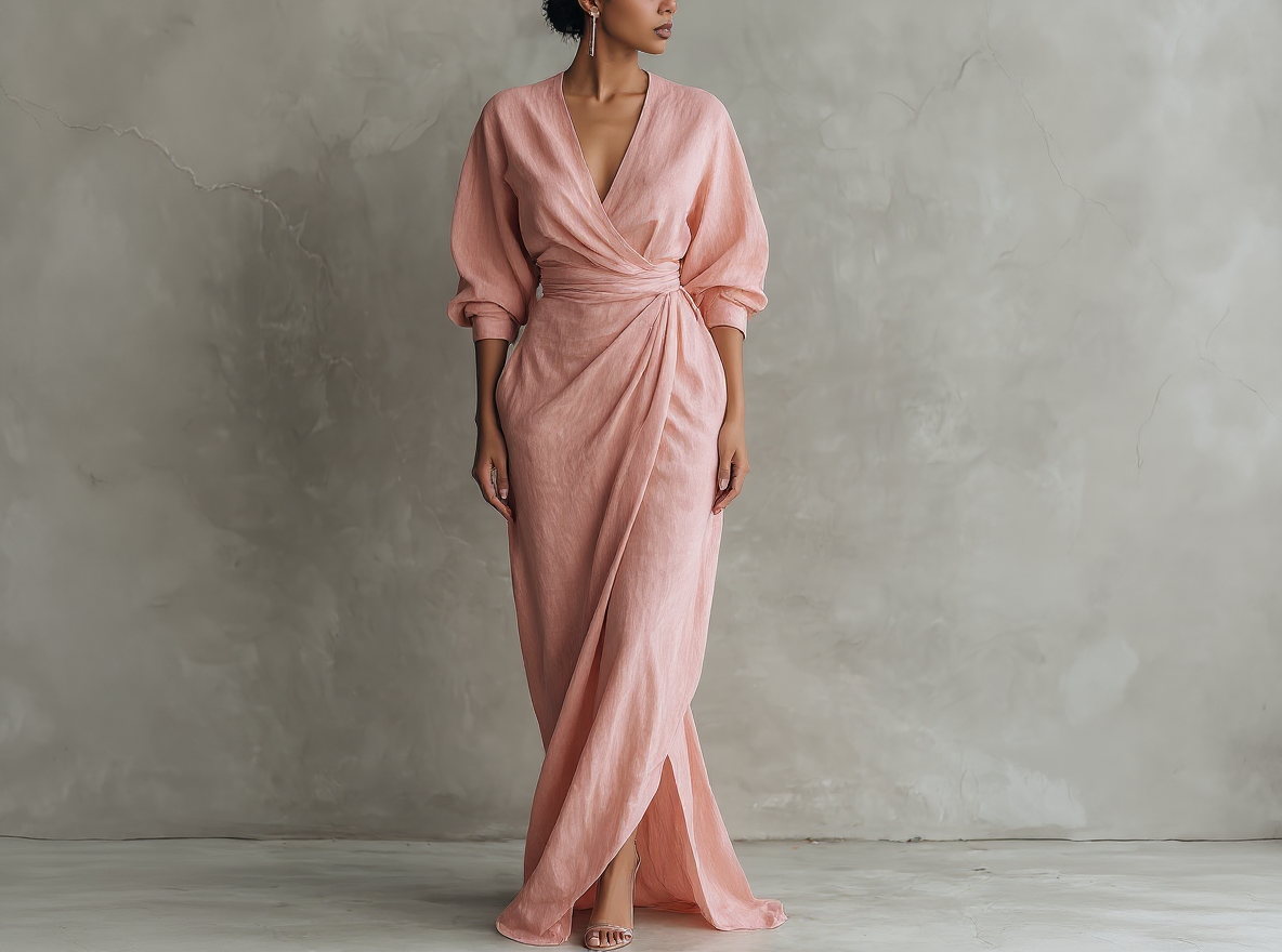 Vestido largo minimalista rosa con escote en V, de mezcla de lino para mujer.