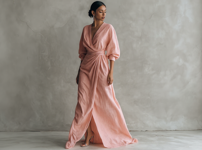 Vestido largo minimalista rosa con escote en V, de mezcla de lino para mujer.