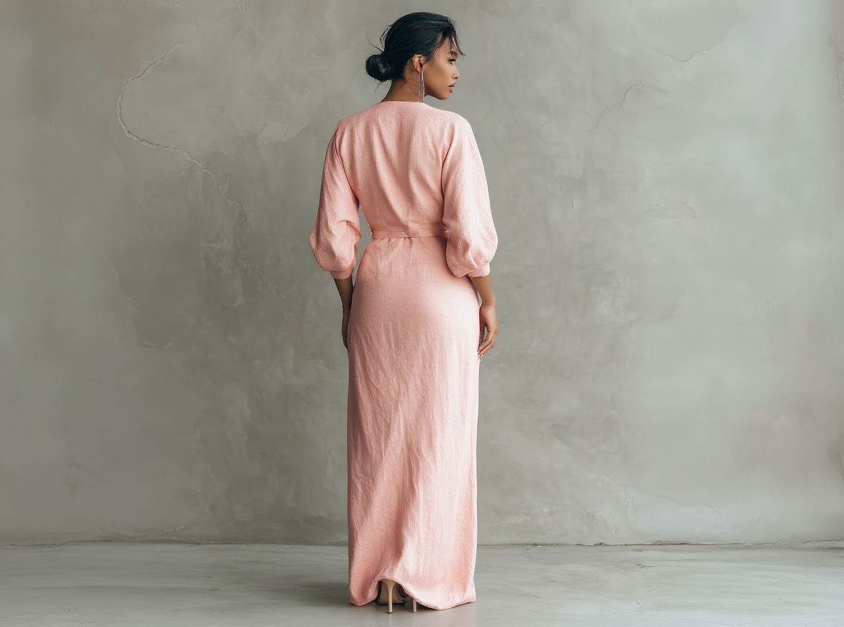 Vestido largo minimalista rosa con escote en V, de mezcla de lino para mujer.