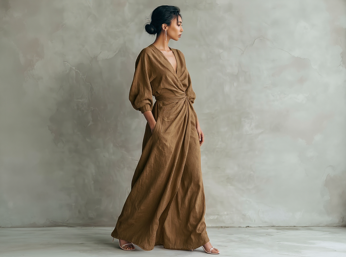 Vestido largo minimalista rosa con escote en V, de mezcla de lino para mujer.