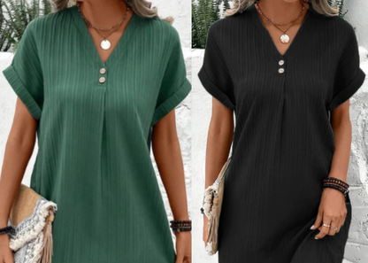 Vestido monocromático con escote en V para mujer