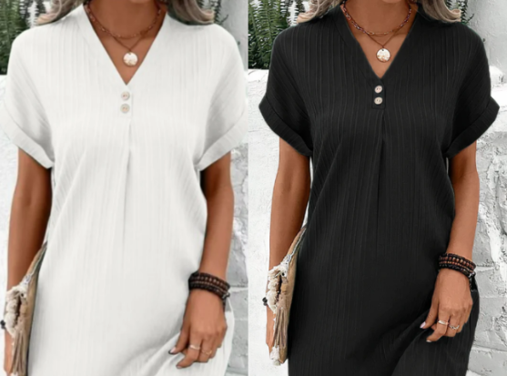 Vestido monocromático con escote en V para mujer
